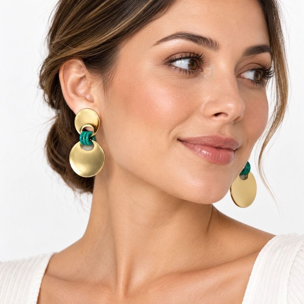 On 34th Green Gold Tone Double Disc Drop Statement Earrings New